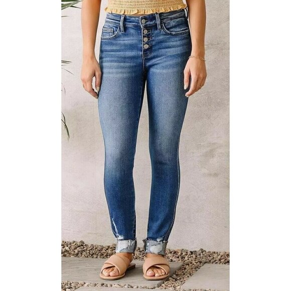 Flying Monkey Women's Blue Denim Distressed Mid-Rise Cuffed Ankle Skinny Jeans - Picture 1 of 12